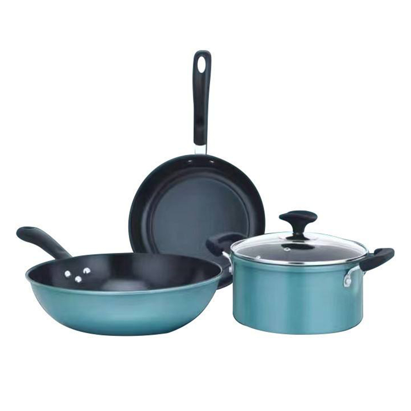 3-Piece Blue Wok Soup Pot Frying Pan Cookware